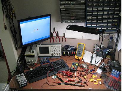 A
typical hobbyists’ electronics workbench with the tools of the trade